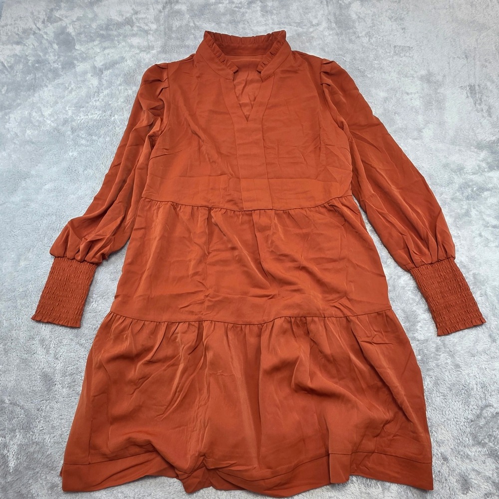 Unbranded Women Sm Orange Dress Babydoll Tiered Ruffle Neck Smocked Long Sleeve